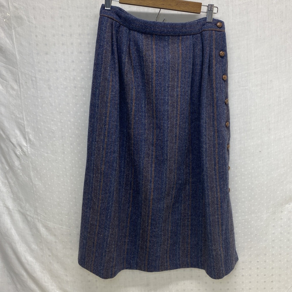 Vintage Madison Wool Skirt Blue Striped Button Detail Preppy Classic 28" Waist‎